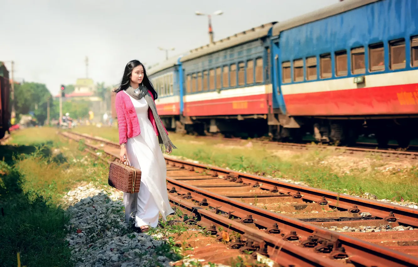 Photo wallpaper girl, train, railroad, East