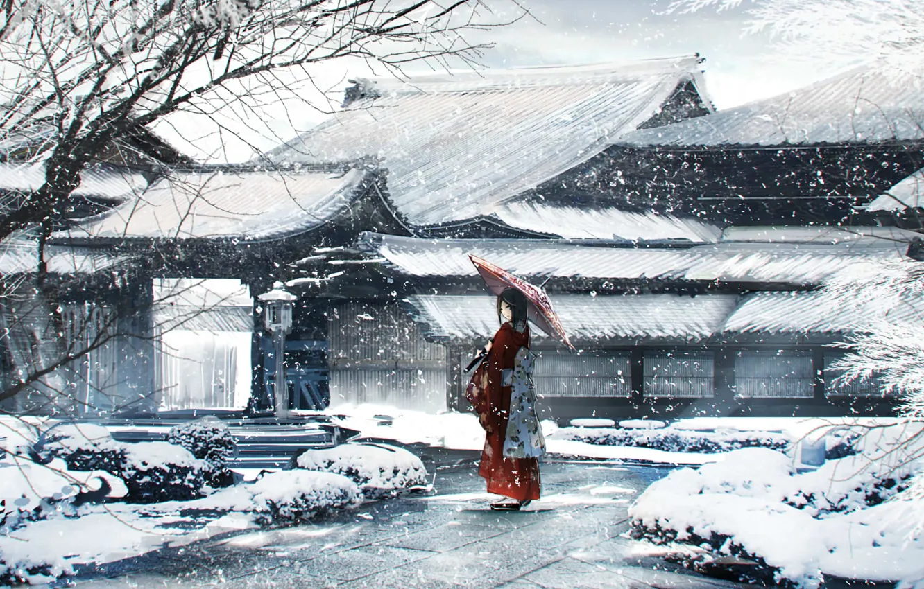 Photo wallpaper winter, girl, umbrella, yukata, Epona