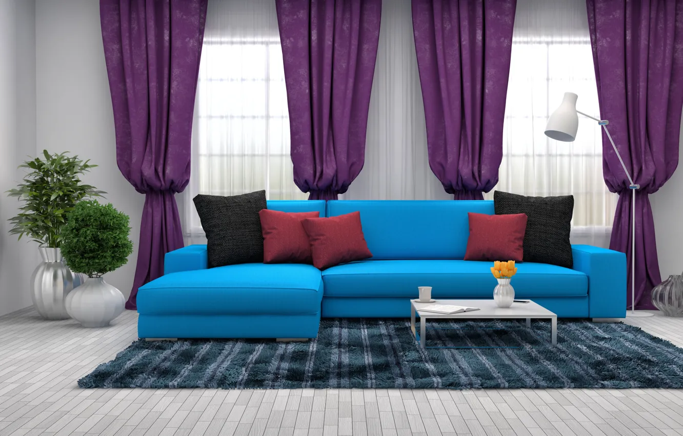 Photo wallpaper design, sofa, pillow, living room, modern