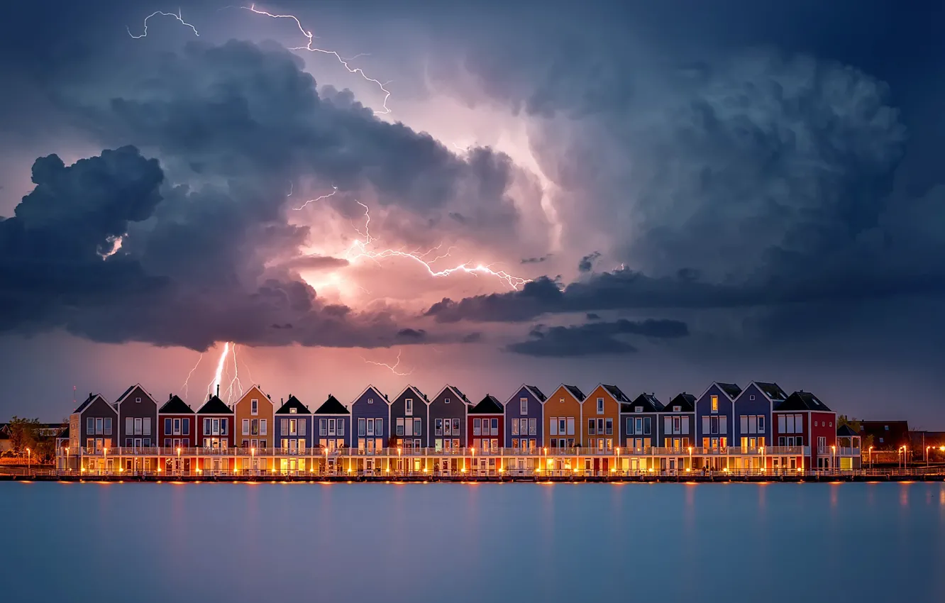 Photo wallpaper the sky, water, clouds, lights, lightning, home, the evening