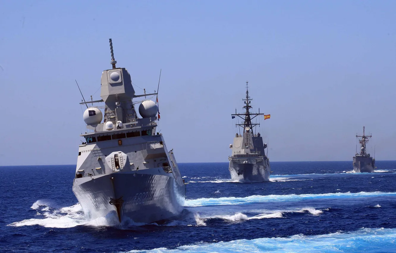 Photo wallpaper sea, wave, ship, beautiful, Navy, combat, go.