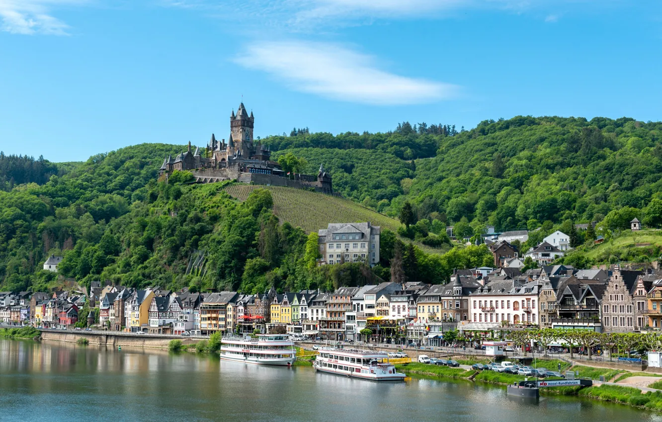 Photo wallpaper river, castle, hills, ship, home, Germany, Cochem, Cochem