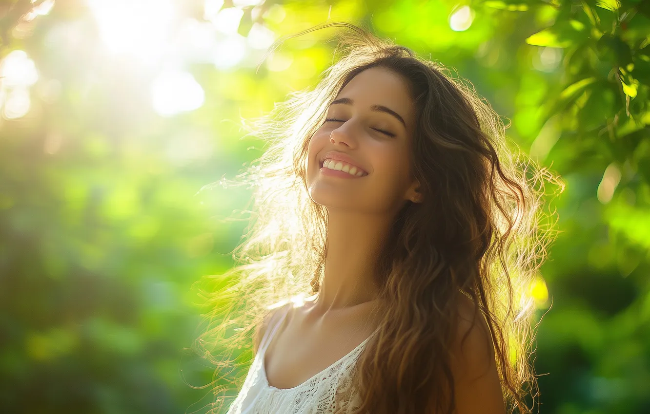 Photo wallpaper summer, girl, light, nature, smile, AI art, neural network