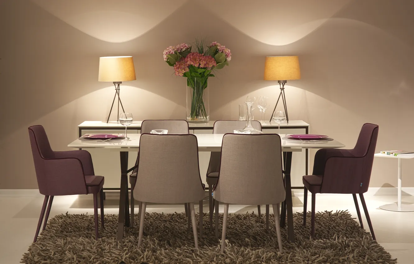 Photo wallpaper flowers, table, carpet, interior, chair, vase, dining room