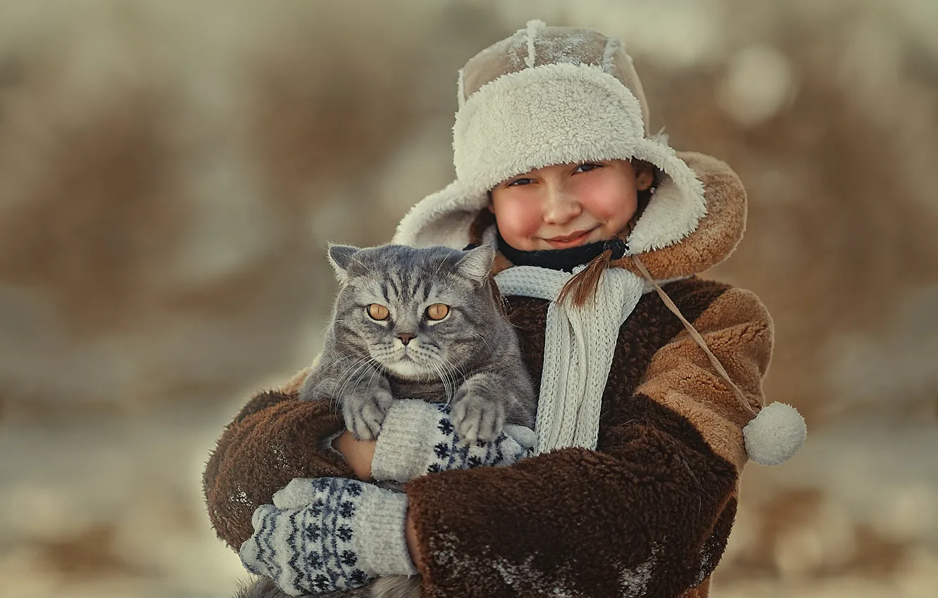 Photo wallpaper winter, cat, animal, hat, girl, coat, Tomcat, mittens