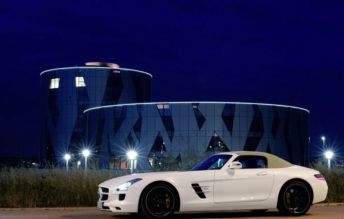 Photo wallpaper landscape, night, the building, Roadster, Mercedes-Benz, AMG, SLS, Mercedes-Benz