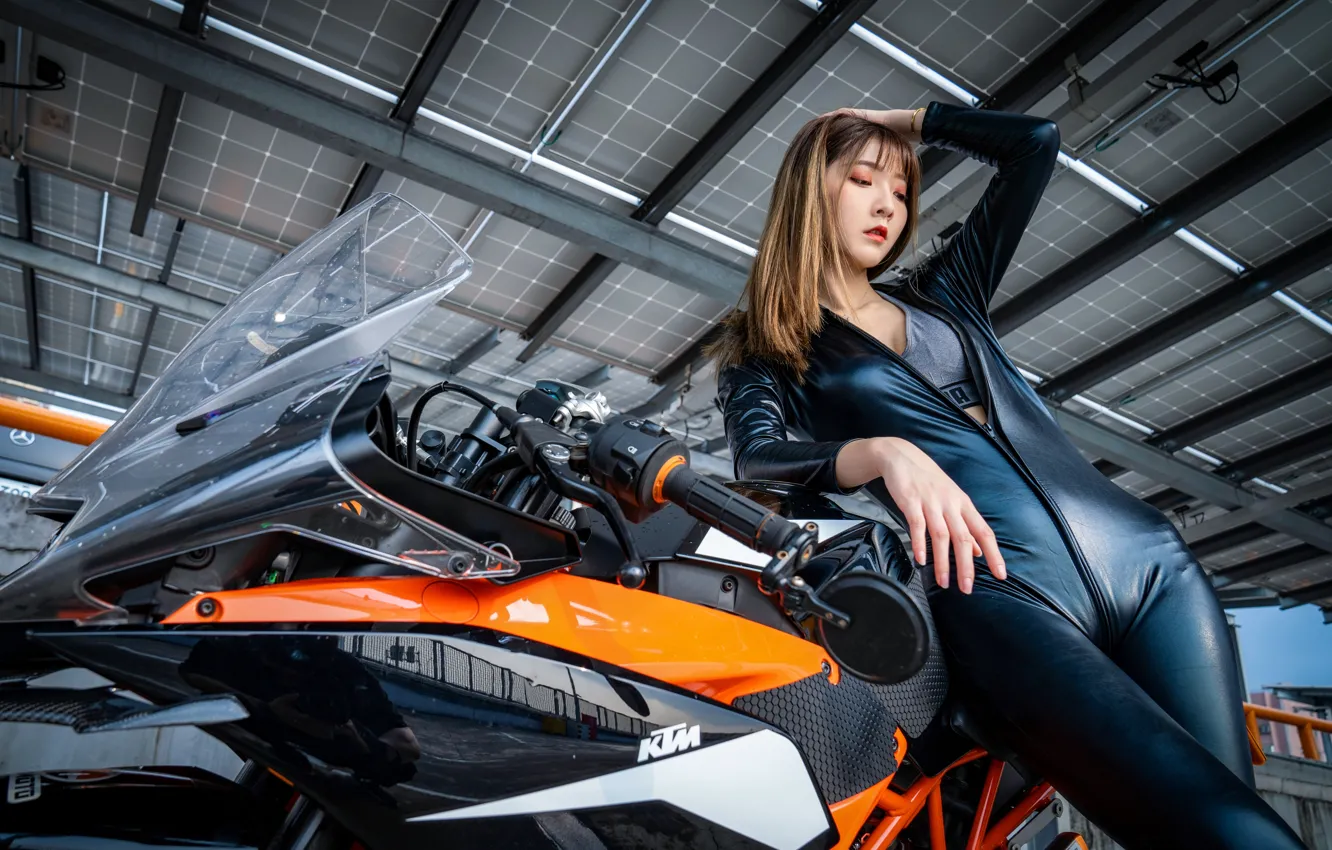 Photo wallpaper sexy, pose, model, makeup, figure, hairstyle, costume, motorcycle