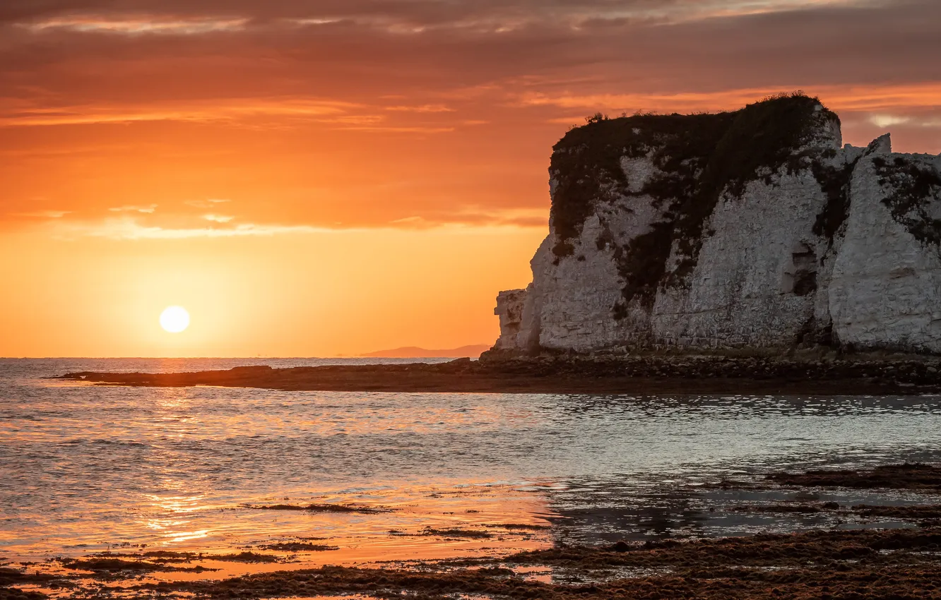 Photo wallpaper sea, the sun, rocks, dawn, shore, pond