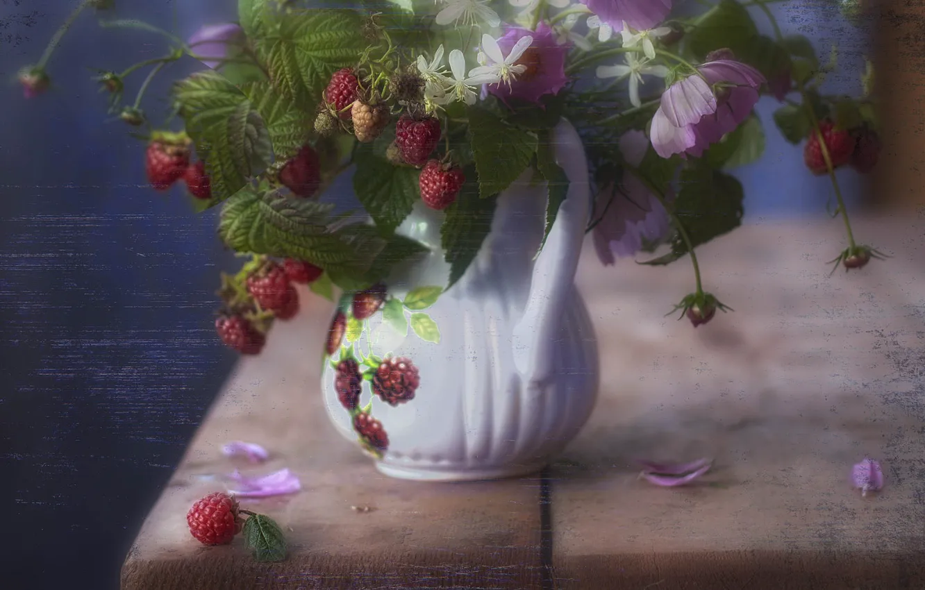 Photo wallpaper berries, raspberry, pitcher, still life