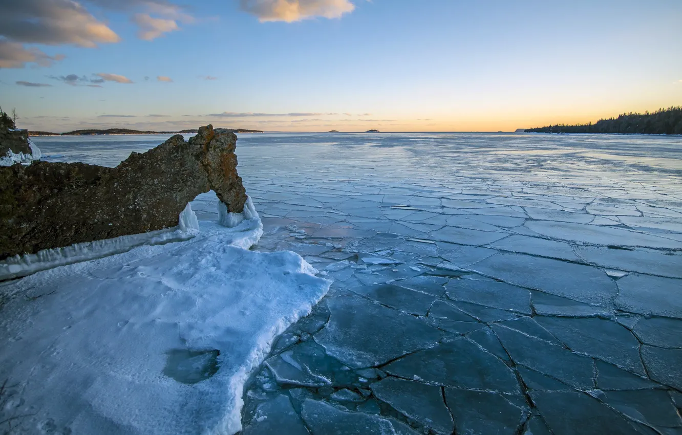Photo wallpaper winter, the sky, ice, pond
