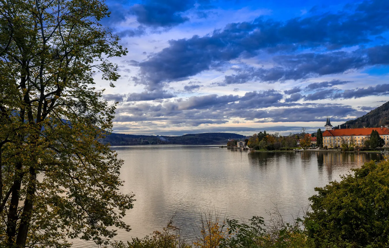 Photo wallpaper the sky, clouds, trees, the city, lake, home