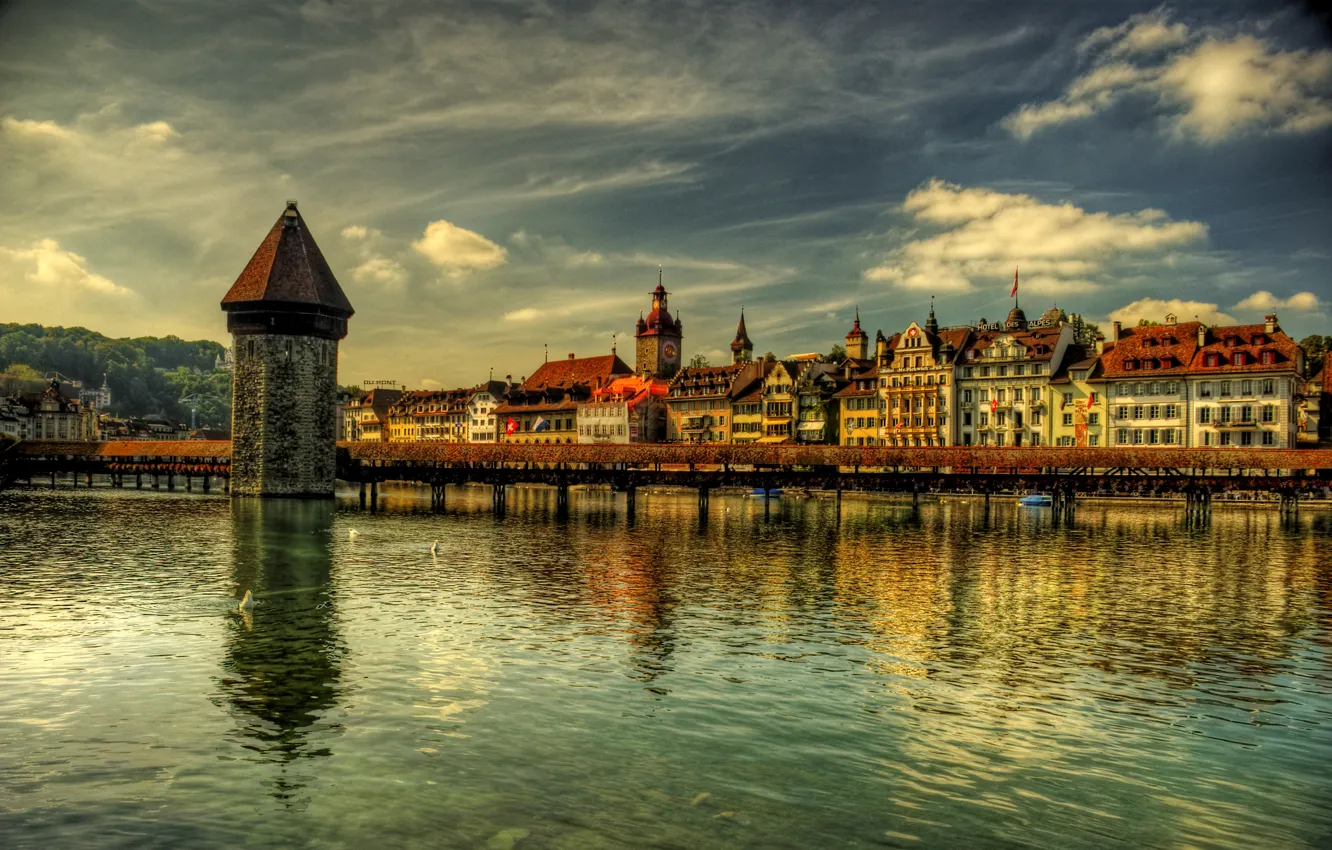 Photo wallpaper river, tower, home, Switzerland, promenade, Luzern