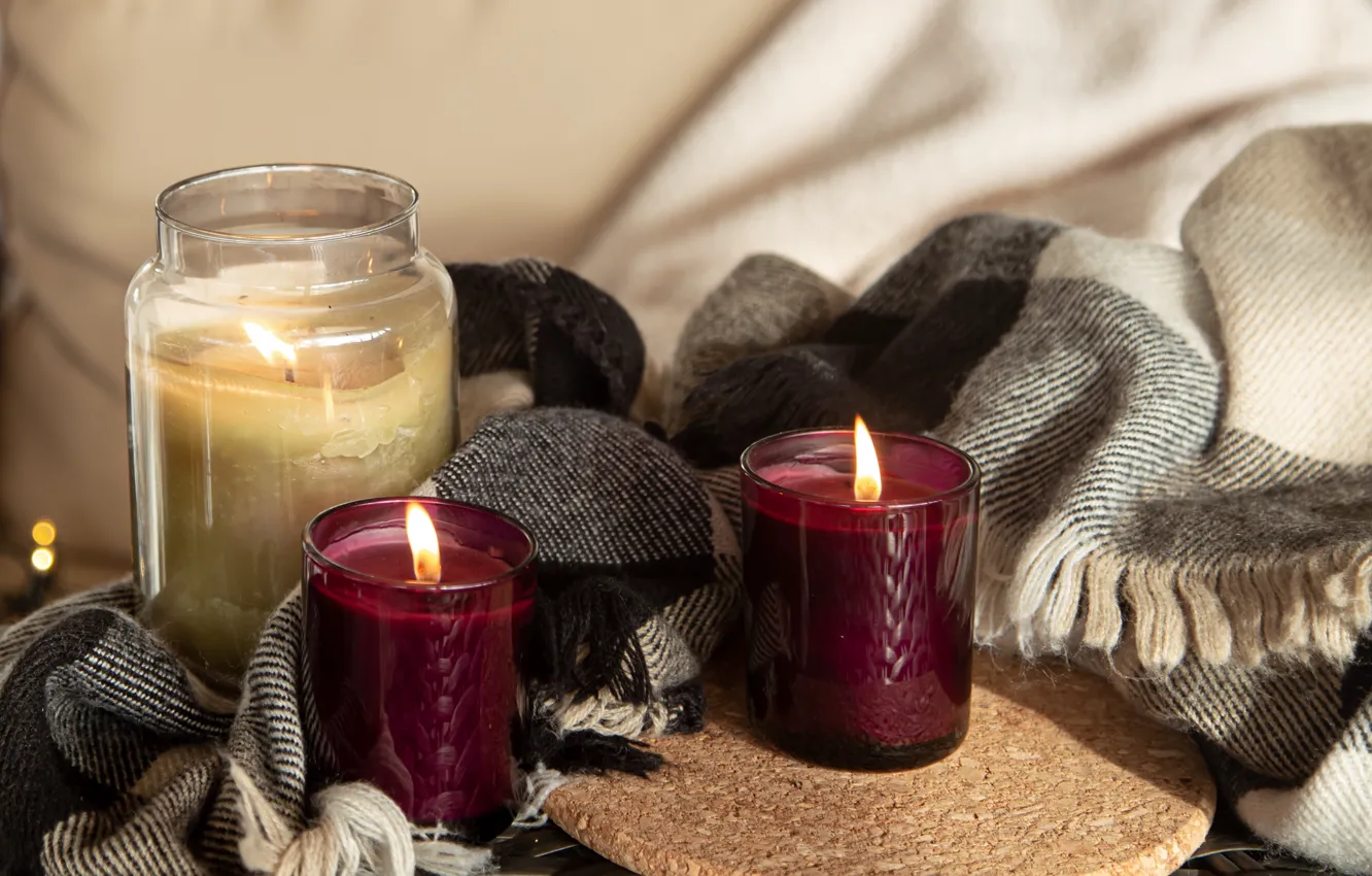Photo wallpaper light, comfort, heat, flame, pillow, candles, scarf, Bank