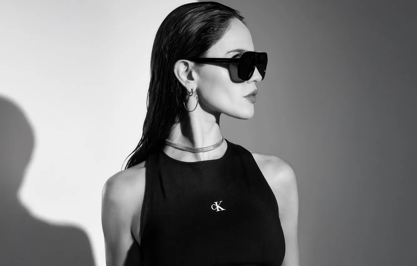 Photo wallpaper look, pose, actress, black and white, singer, in white, hair, Eiza Gonzalez