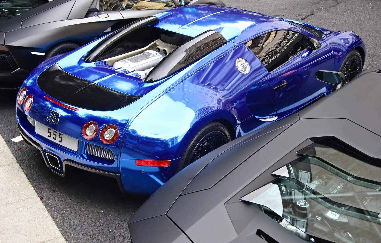 Photo wallpaper blue, Bugatti, Veyron, Bugatti, chrome, Blue, back, Veyron