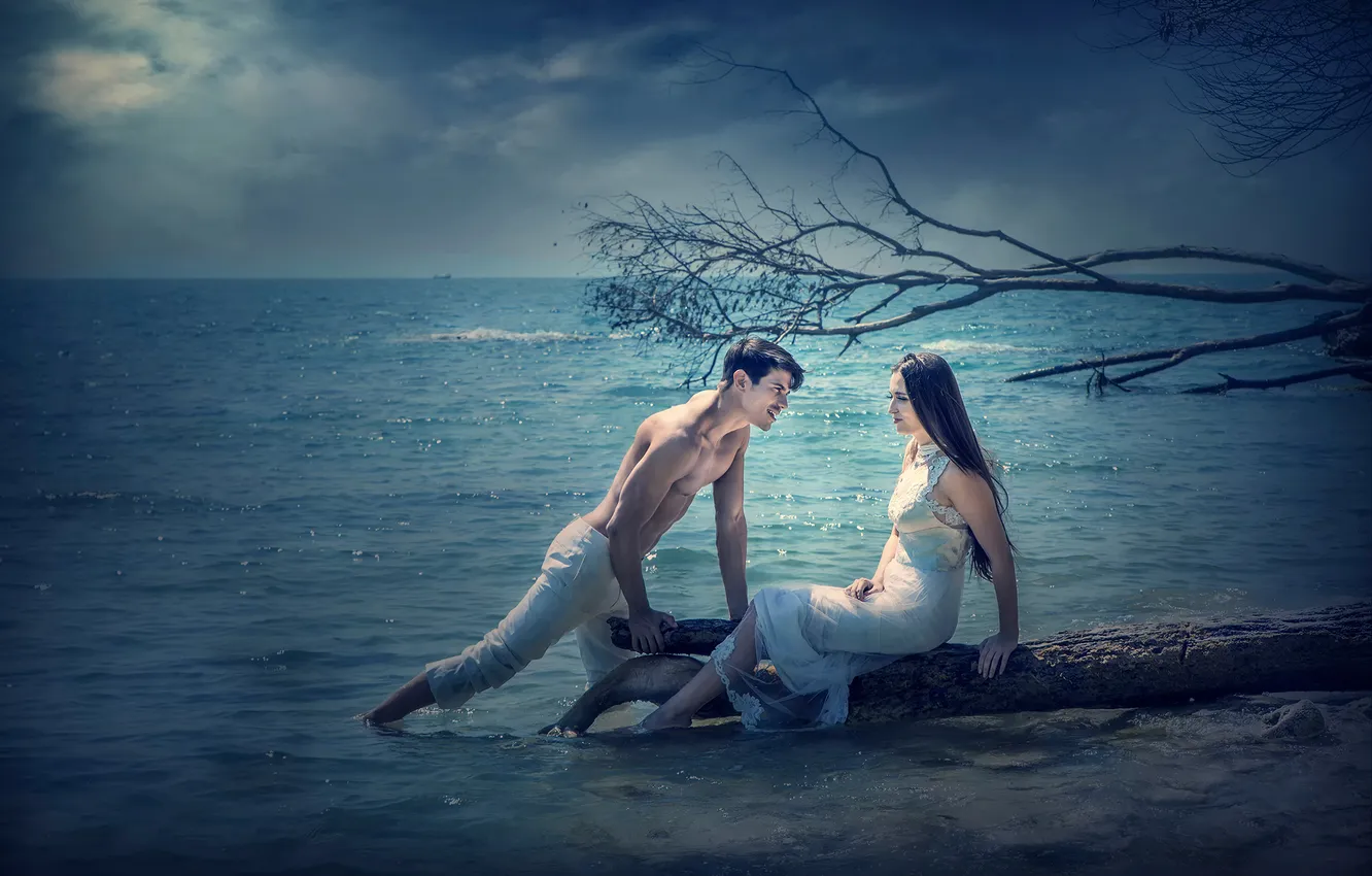 Photo wallpaper sea, wave, girl, pair, guy