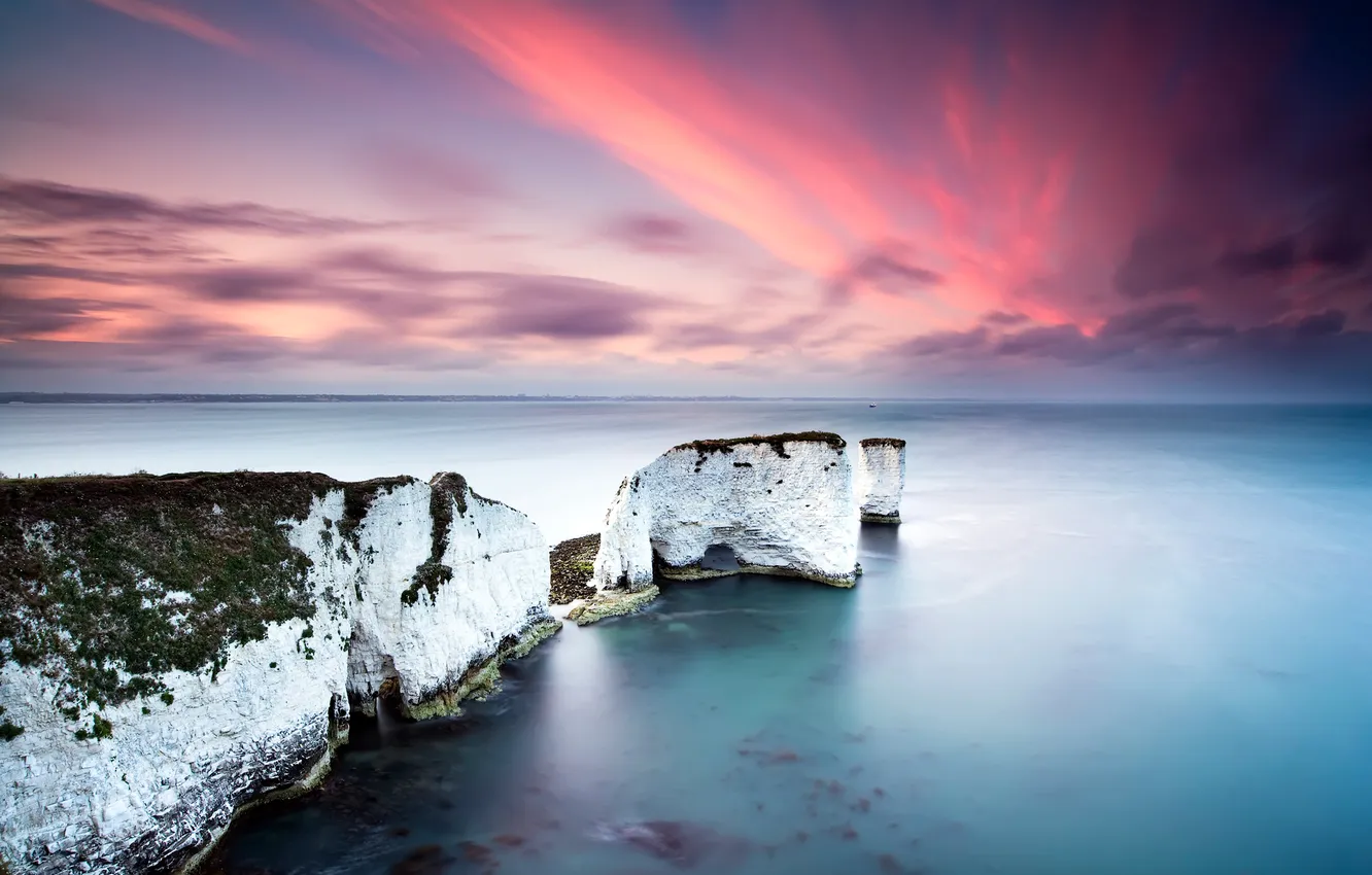 Photo wallpaper sea, the sky, the ocean, rocks, pink, white