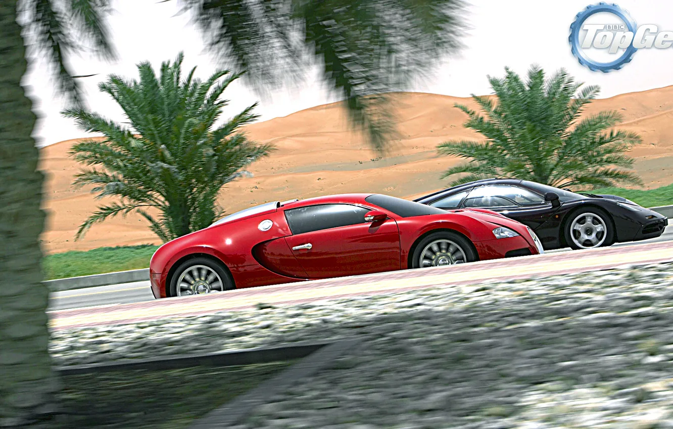 Photo wallpaper palm trees, background, McLaren, Bugatti, Top Gear, Veyron, Sands, the best TV show