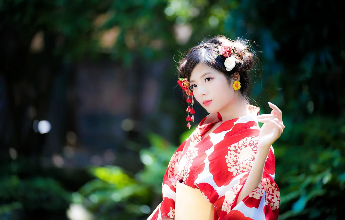Photo wallpaper girl, kimono, Asian, bokeh
