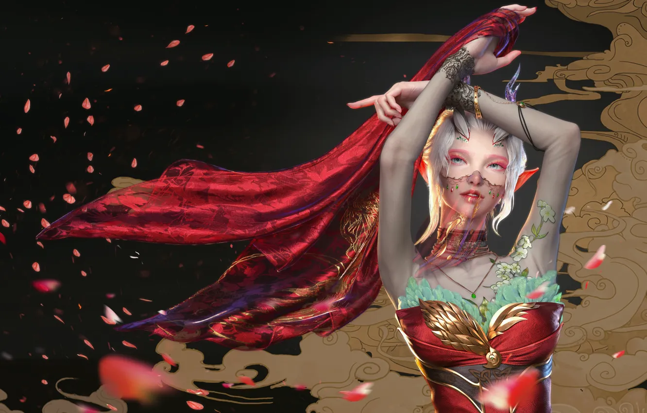 Photo wallpaper clouds, decoration, movement, dance, elf, rose petals, clouds, dance