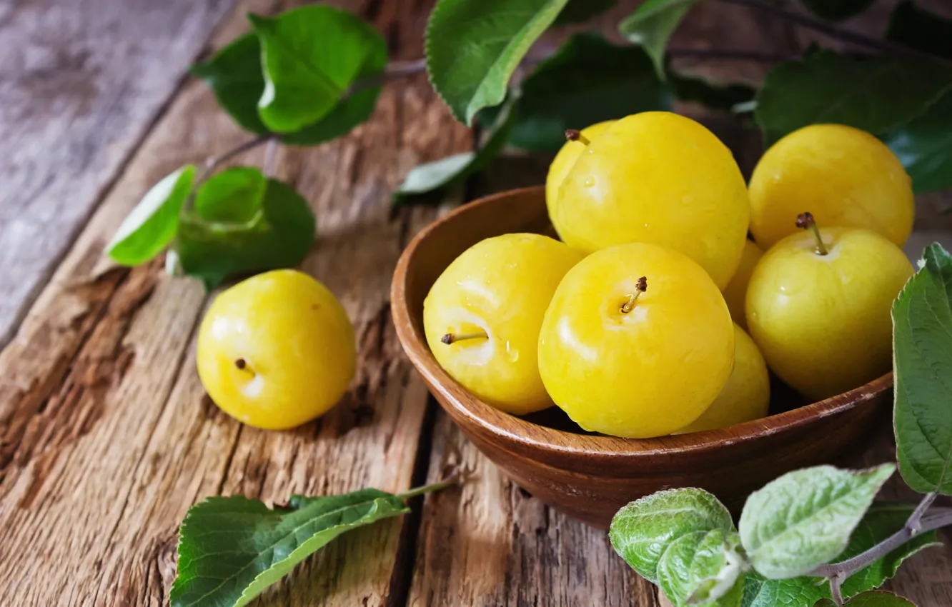 Photo wallpaper leaves, Board, bowl, fruit, plum, plum