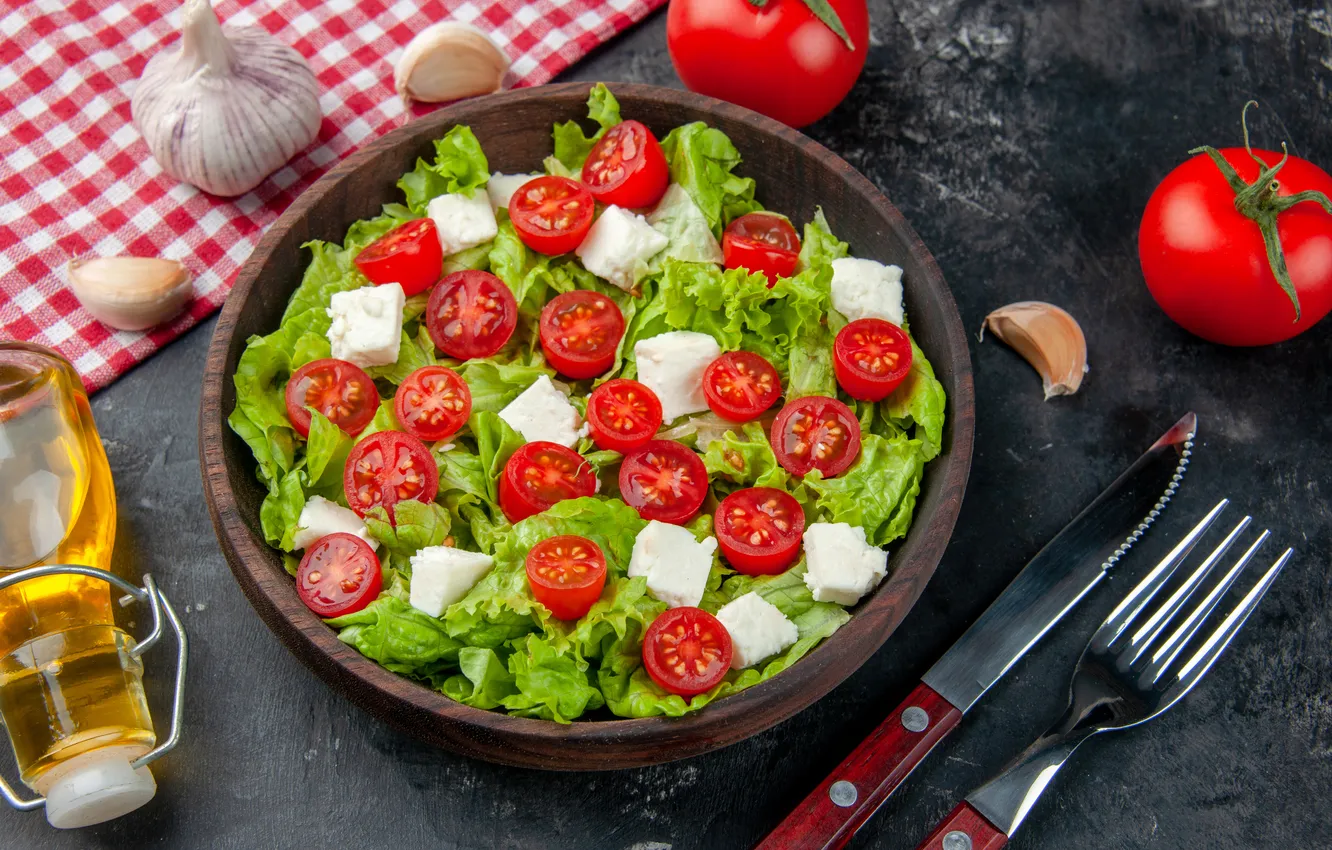 Photo wallpaper table, food, plate, vegetables, salad, submission