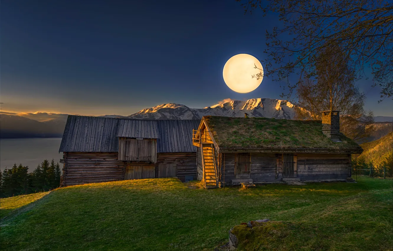 Photo wallpaper mountains, the moon, morning, the barn, Good morning night