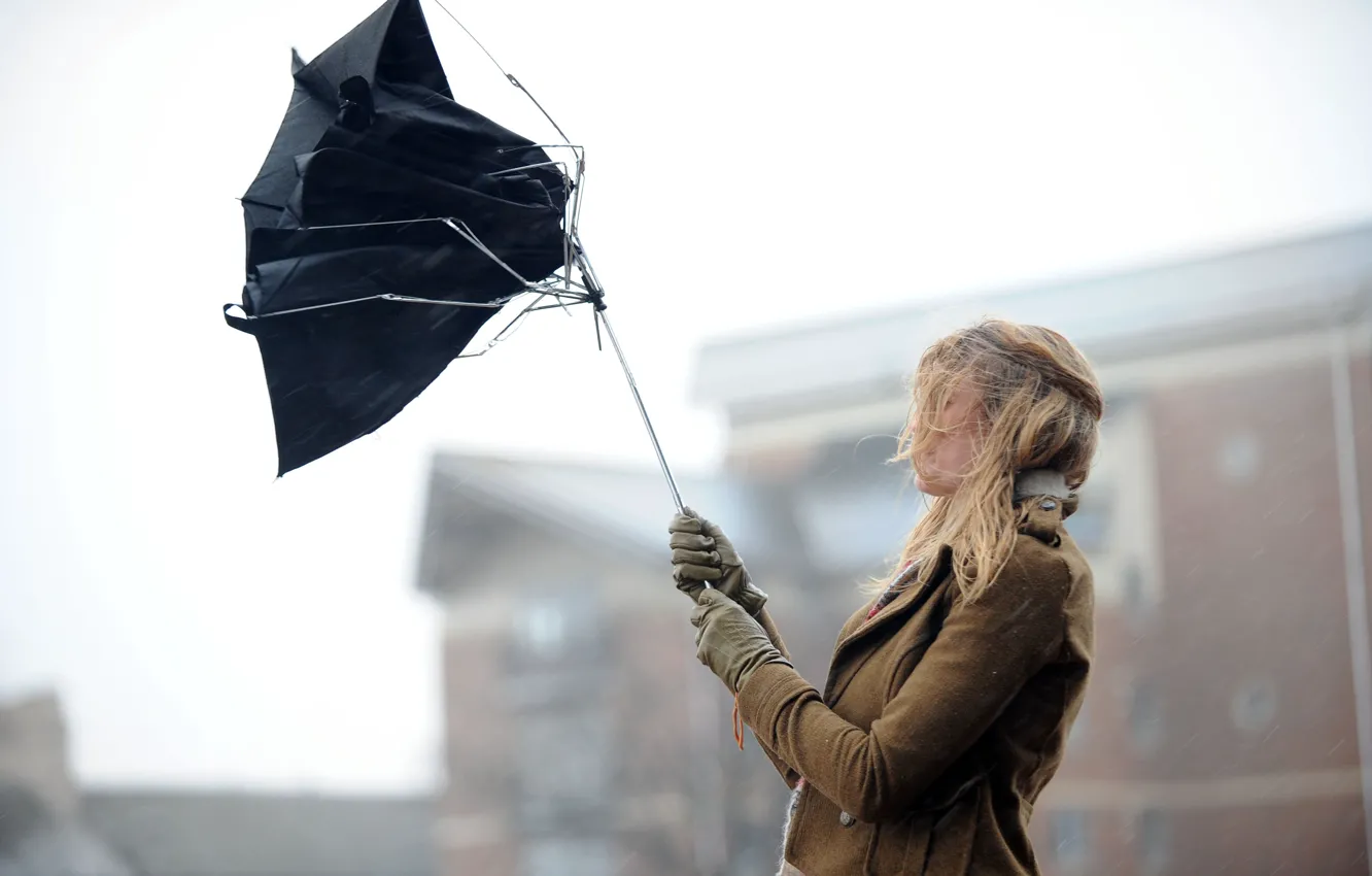 Photo wallpaper girl, the city, the wind, umbrella