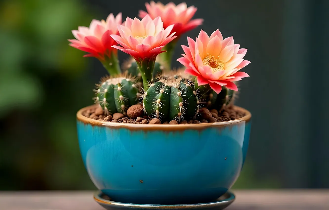 Photo wallpaper cactus, pot, flowers, AI art