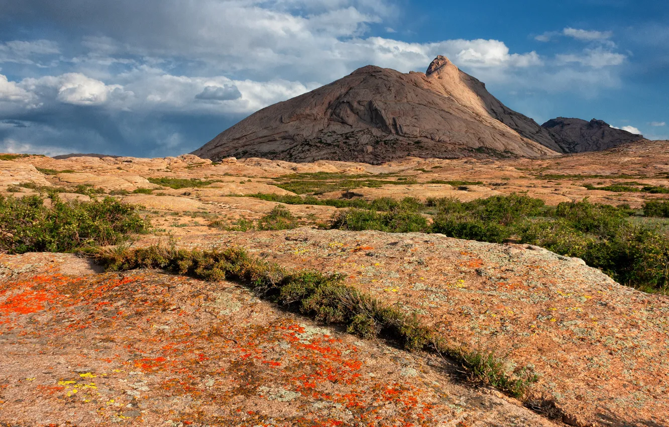 Photo wallpaper clouds, mountains, blue, rocks, hills, vegetation, desert, slope