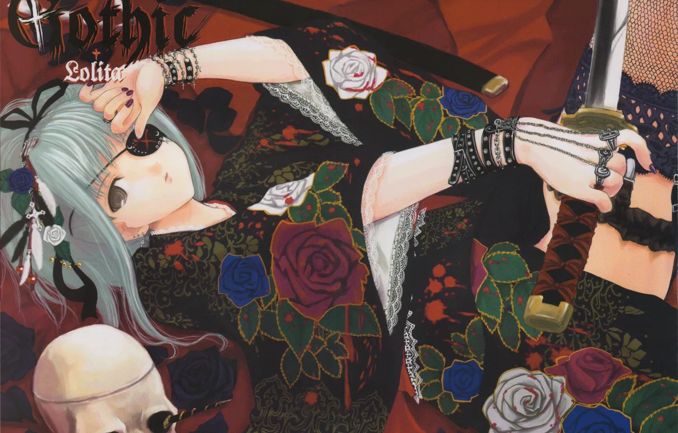 Photo wallpaper blood, skull, katana, baby, sheath, horn, eye patch, black roses