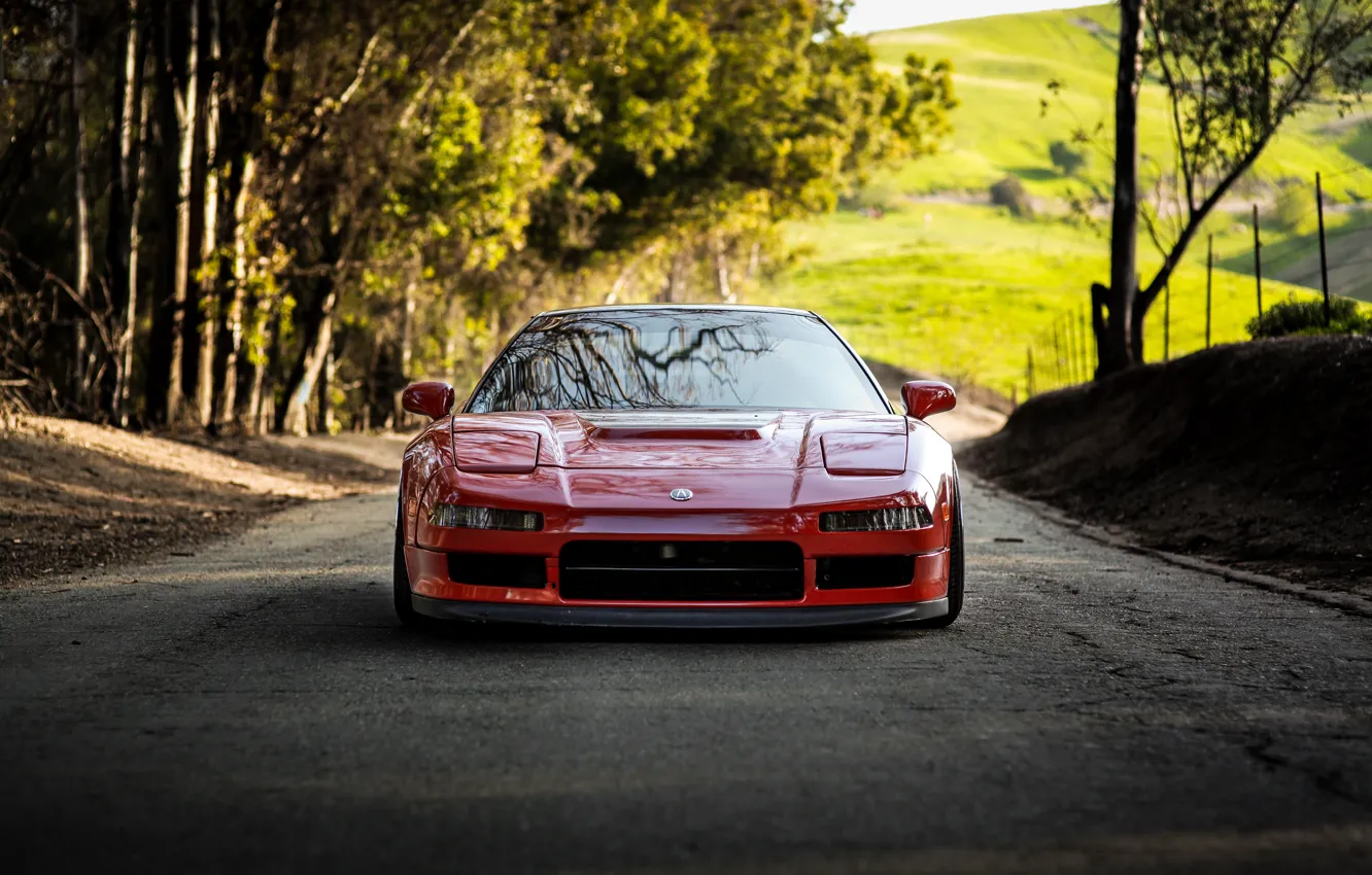 Photo wallpaper red, Honda, forest, road, trees, Front, honda nsx, Acura