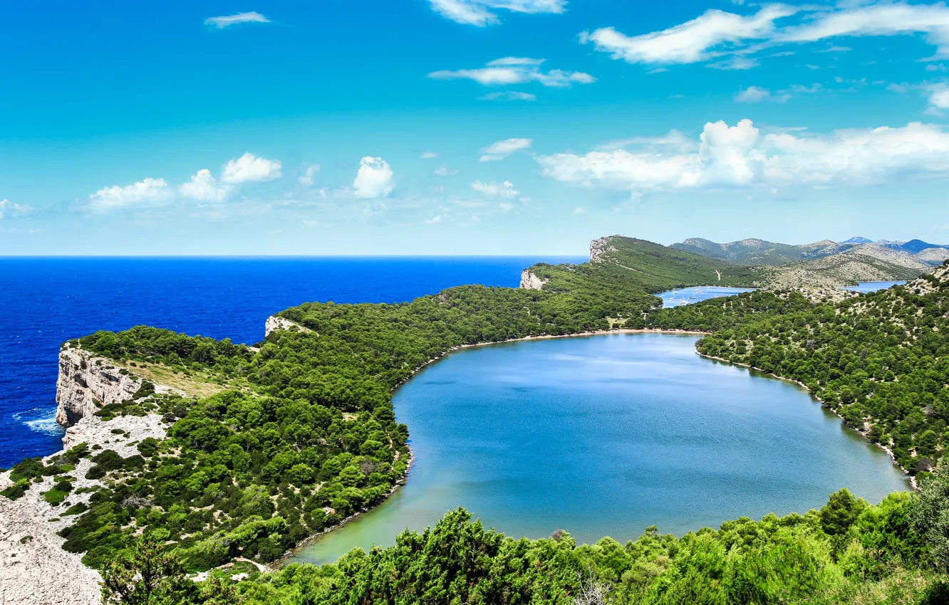 Photo wallpaper sea, the sky, clouds, lake, rocks, coast, horizon, Croatia