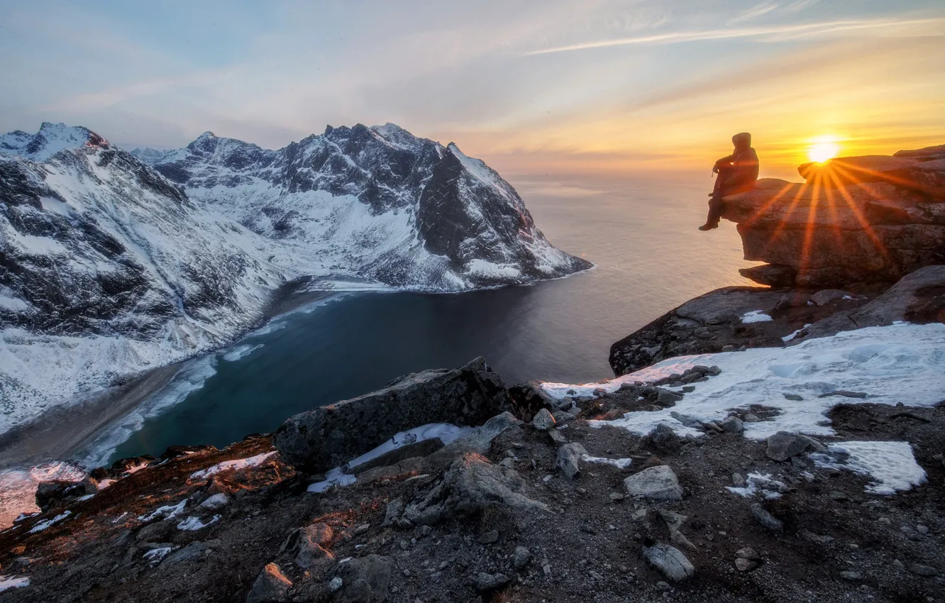 Photo wallpaper winter, sea, the sun, rays, snow, landscape, mountains, nature