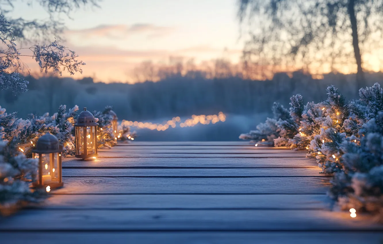 Photo wallpaper branches, new year, Christmas, lights, the bridge