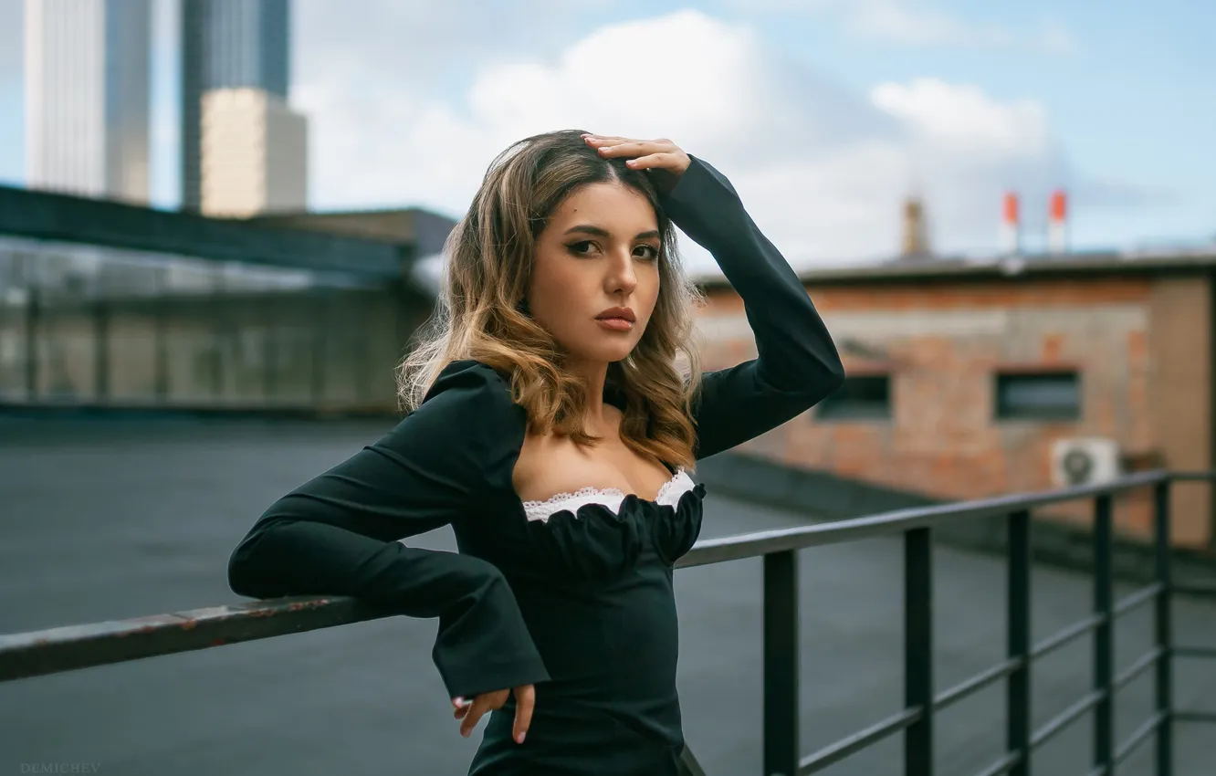 Photo wallpaper look, girl, pose, hands, dress, blonde, on the roof, Pyotr Demichev