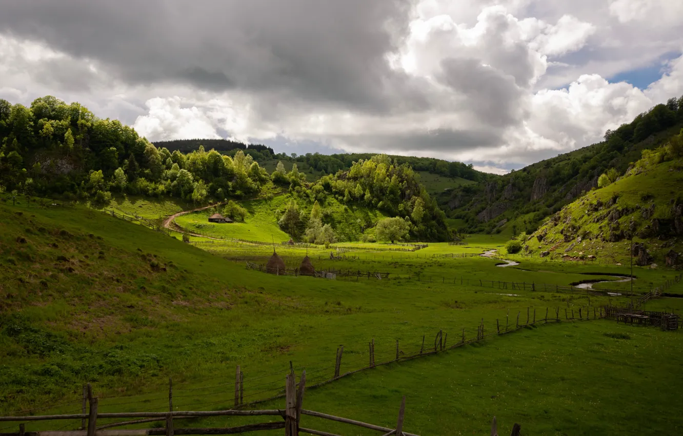 Photo wallpaper road, field, forest, clouds, mountains, nature, river, the fence