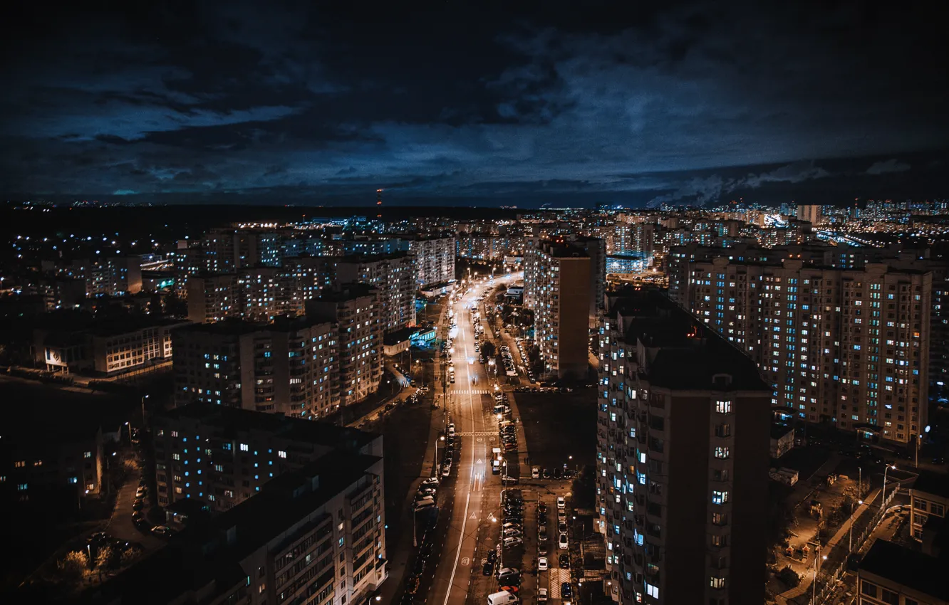 Photo wallpaper road, night, city, building, home, Moscow, Russia, road