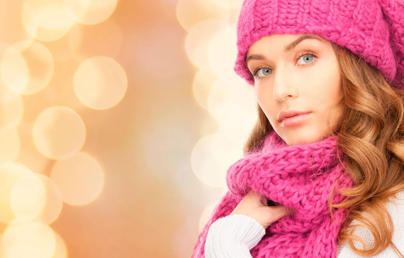 Photo wallpaper look, glare, background, hat, makeup, scarf, hairstyle, brown hair