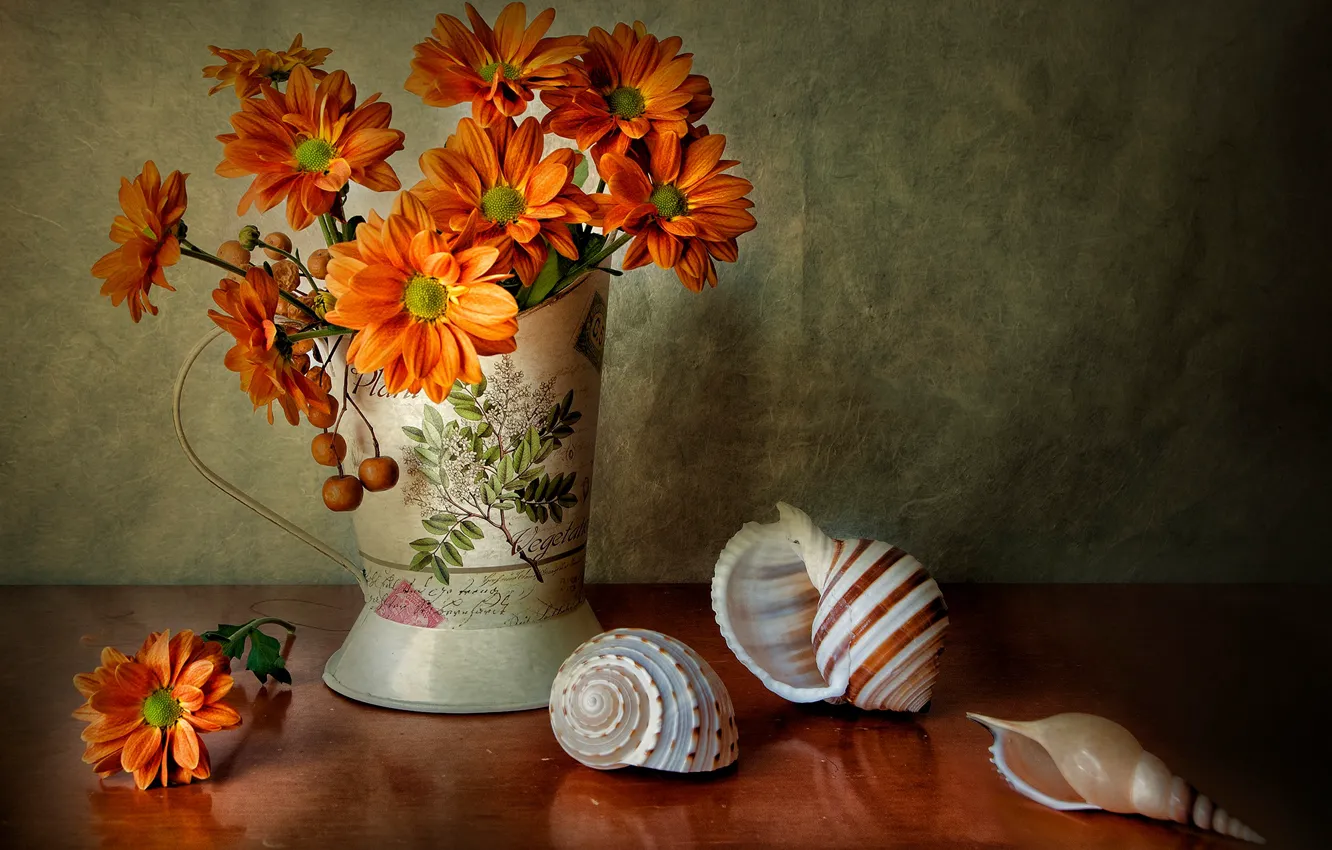 Photo wallpaper flowers, bouquet, shell, still life, orange, dahlias