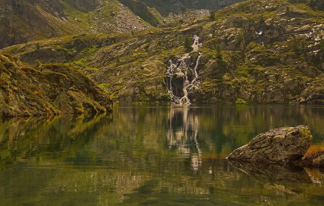 Photo wallpaper mountains, lake, reflection, waterfall, Italy, Valle d'aosta