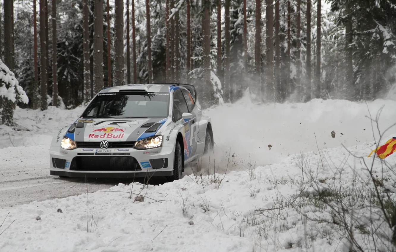 Photo wallpaper Snow, Forest, Volkswagen, Turn, Skid, WRC, Rally, Polo