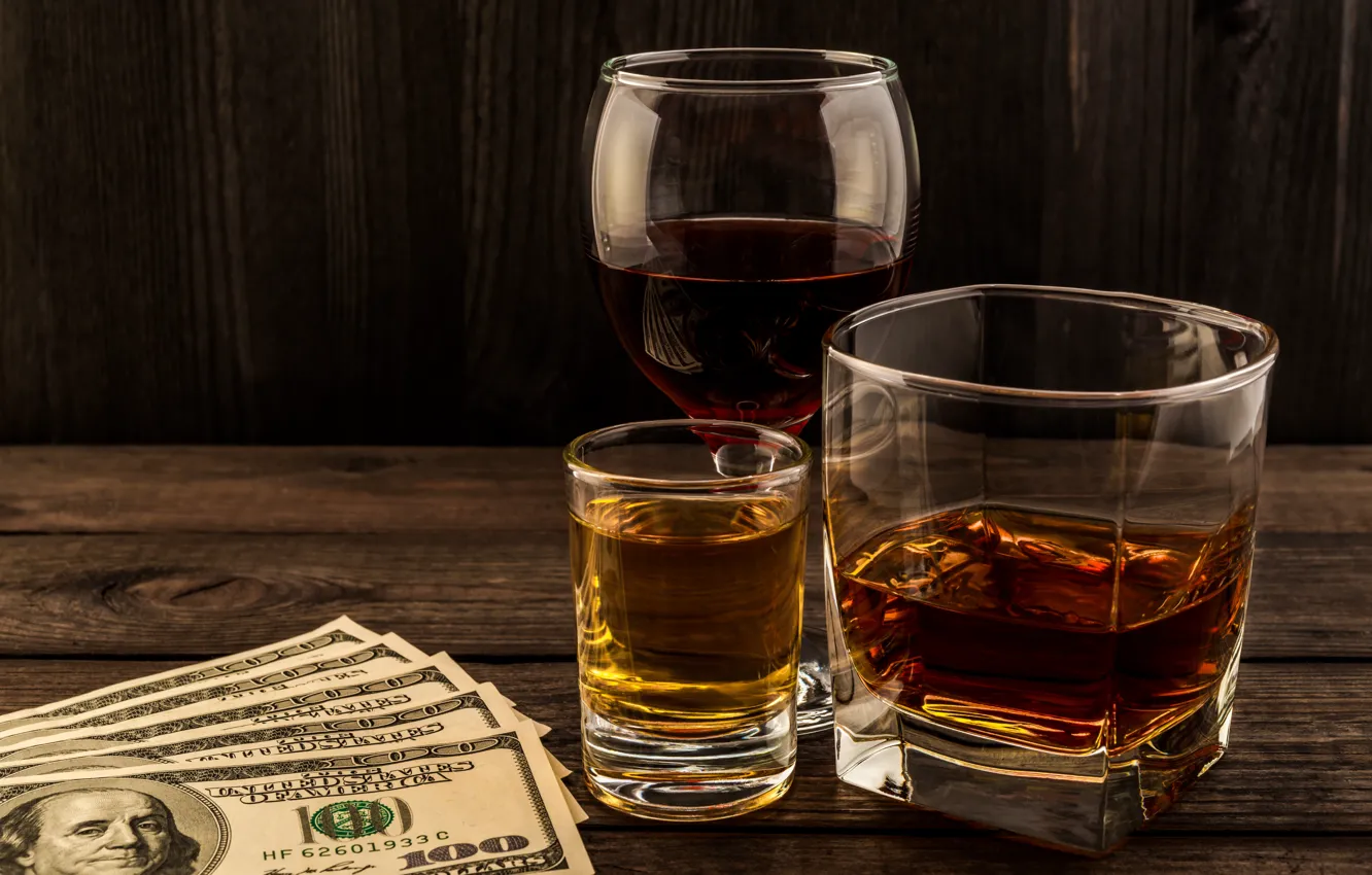 Photo wallpaper whiskey, dollars, alcoholic drink