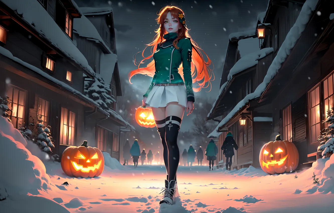 Photo wallpaper Asian, long hair, stockings, women, redhead, village, looking at viewer, AI art