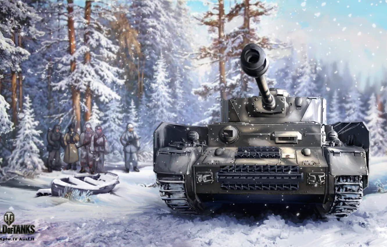 Photo wallpaper winter, forest, snow, figure, art, tank, the Germans, German