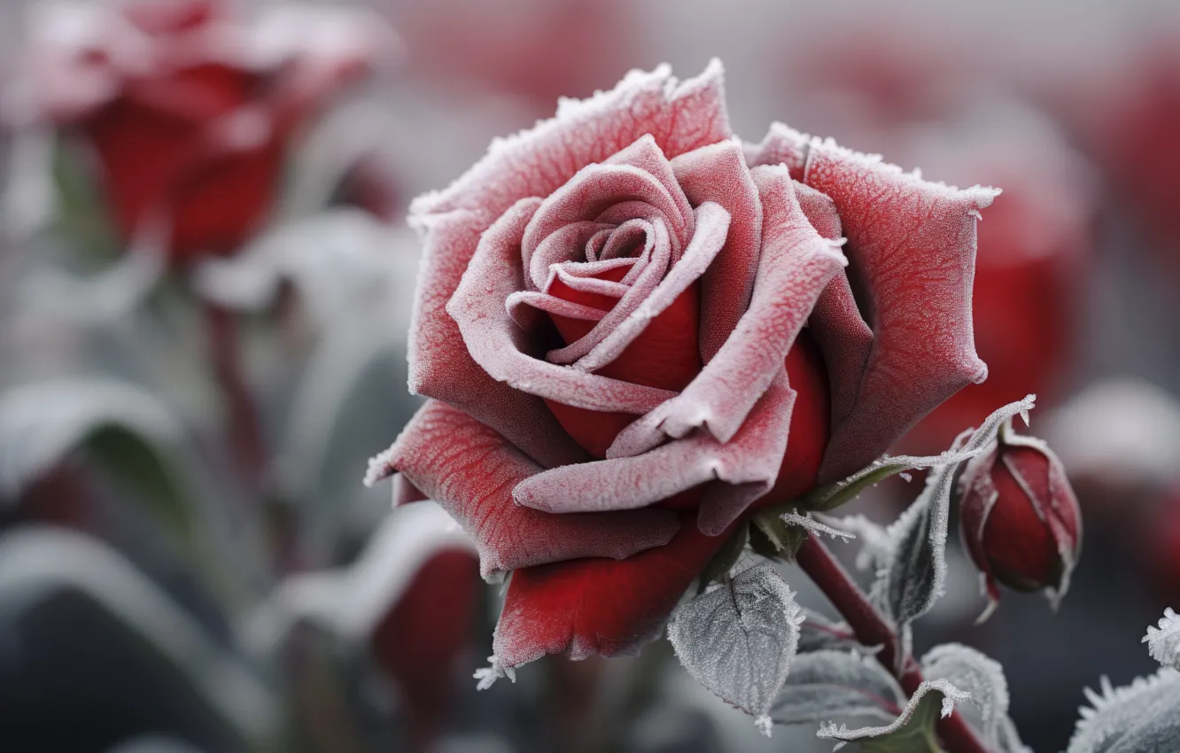 Photo wallpaper winter, snow, flowers, roses, frost, Frozen, rose, flower