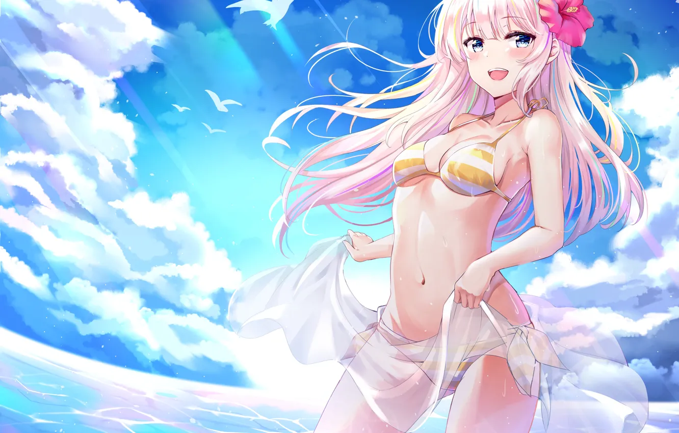 Photo wallpaper girl, sexy, cleavage, pink hair, sky, long hair, sea, boobs