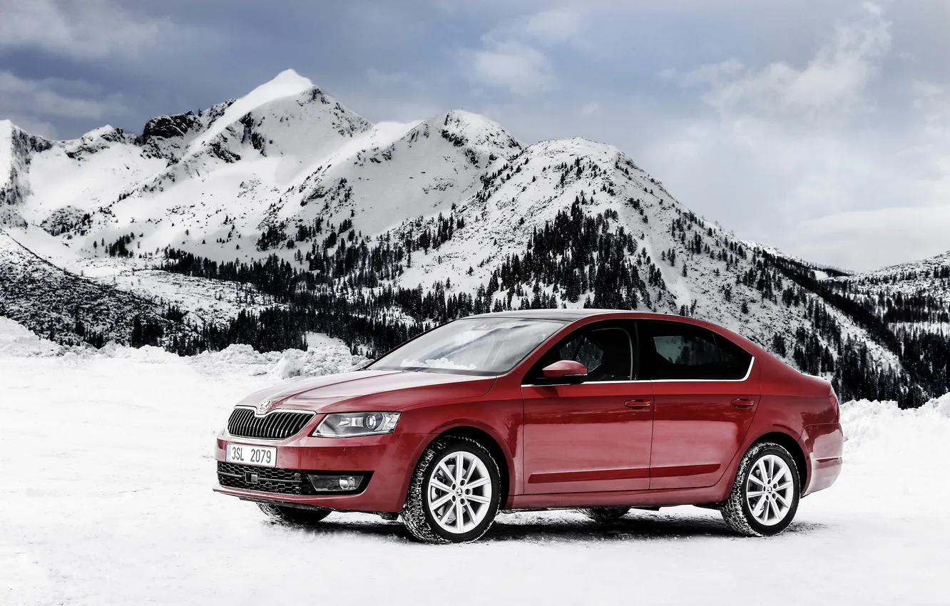 Photo wallpaper snow, mountains, sedan, Sedan, Skoda, Skoda, Octavia, Octavia