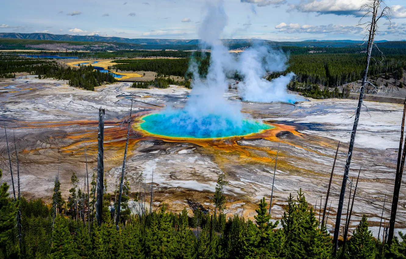 Photo wallpaper autumn, the sky, trees, mountains, lake, pair, USA, geyser