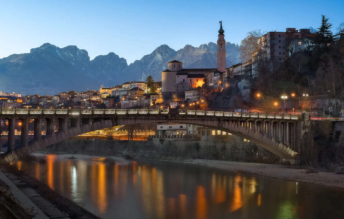 Photo wallpaper mountains, bridge, river, home, Italy, Italy, The Dolomites, Dolomites
